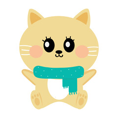 Hand drawing cartoon kitty wearing blue scarf. cute animal drawing, doodle