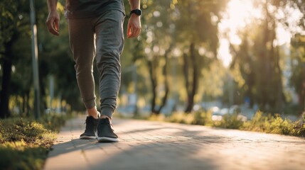 Athlete Walking on Path Outdoors During Golden Hour for Fitness and Wellness