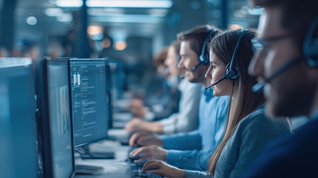 Dedicated IT Support Team Working Diligently at Computers in a Modern Call Center Environment - Powered by Adobe