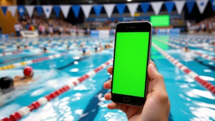 Green Screen by Swimming Pool: A hand holding a smartphone with a vibrant green screen, a nod to technology with a blurry swimming pool background. - Powered by Adobe