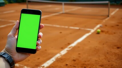 Tennis Game with Screen: A hand holds a smart phone with a green screen, set against the backdrop of a tennis court, including the net and tennis ball. Capture the app and technology for sport - Powered by Adobe