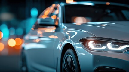 Sleek sedan detail shot on city street at night showcasing modern automotive design and technology