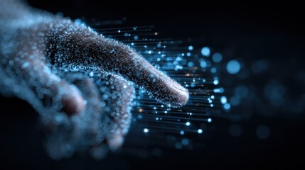 Human Hand Interacting with Digital Data Stream, Representing Future Technology and Artificial Intelligence on a Dark Background
