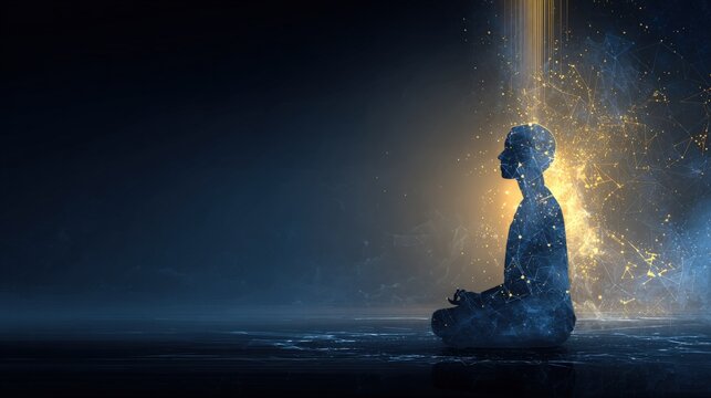 Meditating Figure in Abstract Digital Space, Representing Mindfulness, Inner Peace, and Spiritual Connection - Powered by Adobe