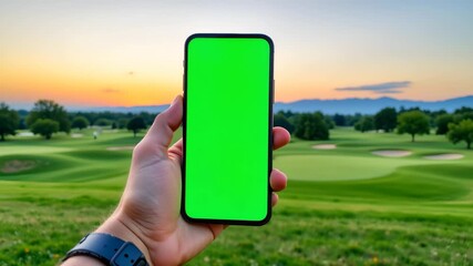 Green Screen Smartphone Showcase: A person's hand artfully presents a smartphone with a vibrant green screen against the backdrop of a beautiful golf course under a beautiful sunset sky. - Powered by Adobe