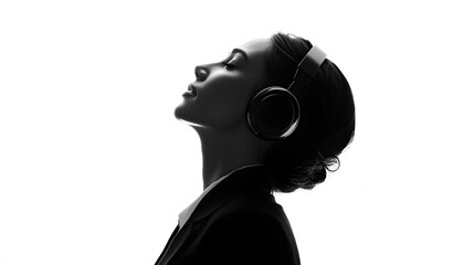 A woman wearing headphones and a black suit is sitting in a room. She is wearing a black suit and headphones, and she is listening to music or a podcast. The room is empty