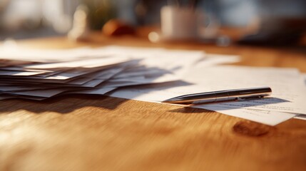 Paperwork on Wooden Desk with Silver Pen, Home Office Environment, Modern Workspace, Documents