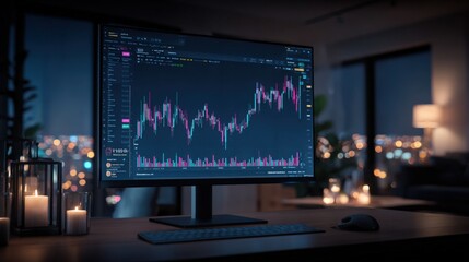 Stock Market Analysis on Computer Screen Displaying Financial Data for Investment and Trading Decisions at Night