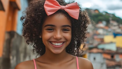 A young girl with curly hair is smiling and wearing a pink bow. She is standing on a balcony