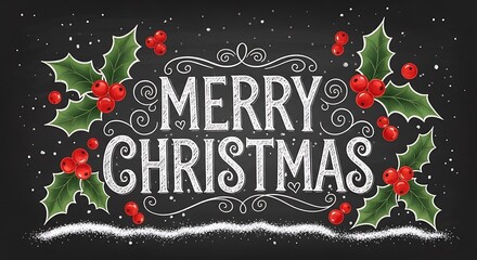 Merry Christmas Chalkboard Greeting Card Hand Drawn Holly Berries Rustic White Chalk Typography Design