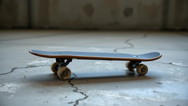 Skateboard on Concrete: A single skateboard rests motionless on a textured, cracked concrete surface, evoking a sense of urban solitude and the anticipation of action.