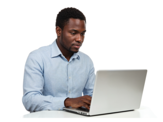 Focused black man working on a laptop computer typing on keyboard isolated on transparent background