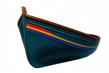 Vibrant wooden miniature boat rendering, floating against transparent backdrop, highlighting nautical design details