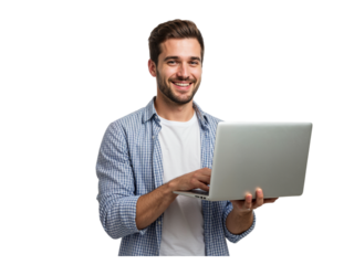 Smiling young man with beard wearing casual shirt holding and using a laptop isolated on transparent background