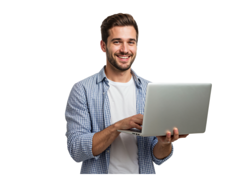 Smiling young man with beard wearing casual shirt holding and using a laptop isolated on transparent background
