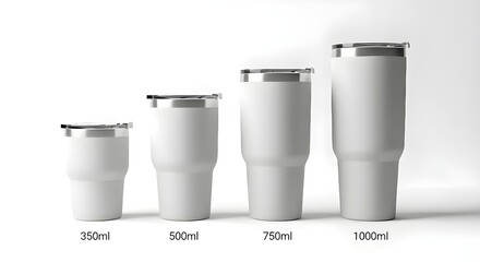 Set of White Tumblers with Varying Sizes, Stainless Steel Lids, Isolated on White