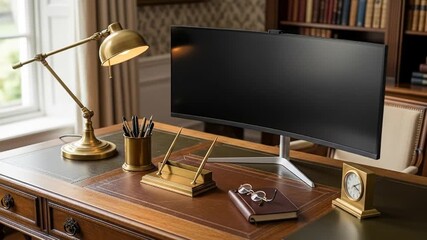 Elegant home office setup with desk, monitor, lamp, accessories, and a bookcase - Powered by Adobe