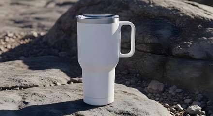 White Stainless Steel Tumbler with Handle Mockup on Rocks Outdoor