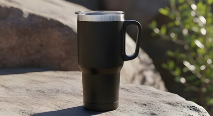 Black Insulated Tumbler with Handle on Rock - Outdoor Drinkware