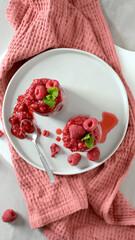 Chia seed pudding with fresh raspberry coulis, top view