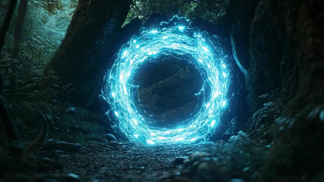 A glowing portal mystical forest invites curious souls to cross its shimmering threshold, starting a magical journey of adventures, enchanting landscapes, and incredible discoveries in stunning beauty