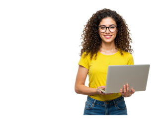 Smiling young woman with curly hair wearing glasses holding a laptop computer isolated on transparent background