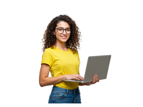 Smiling young woman with curly hair wearing glasses and a yellow t shirt holding a laptop isolated on transparent background - Powered by Adobe