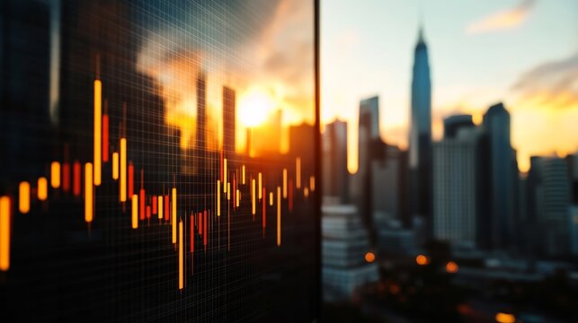 Market trends visualization new york city financial data urban environment sunset view economic insights for investors