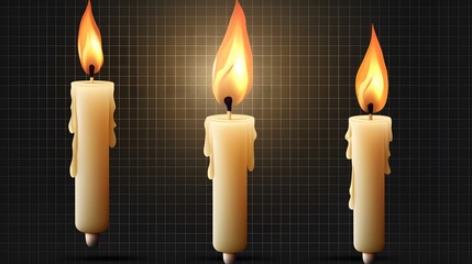 Three Burning Candles Melted Wax Dripping Realistic Flames Light