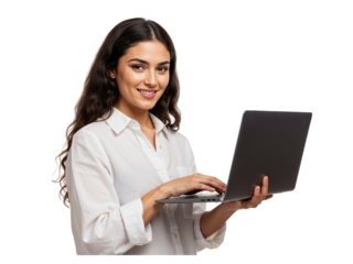 Smiling young woman in a white shirt working on a laptop computer with her hands on the keyboard isolated on transparent background