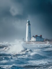 Waves Crashing Against a Lighthouse During a Stormy Day at Coastal Location