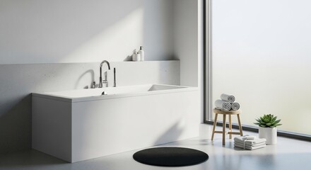 Fototapeta premium Modern bathroom interior with bathtub stool and succulent plant bathtub design
