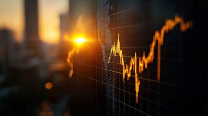 Market analysis and stock trends urban financial district infographic sunset background close-up viewpoint economic insights