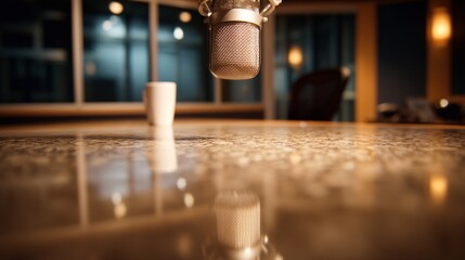 dramatic low-light photo of professional radio broadcasting studio 
