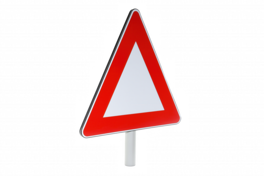 Bold red triangular road sign with white center on transparent background