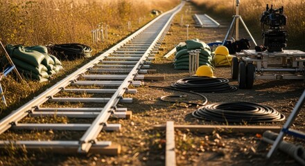 Slow pan across partially completed dolly rail sections stretched through field edges with construction gear and materials scattered nearby.