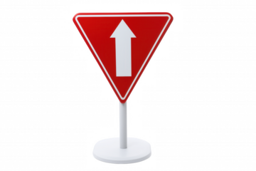 Red triangular traffic sign with upward-pointing arrow on a white pole with a round base on transparent background