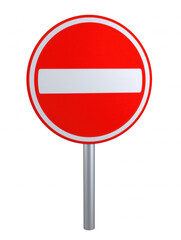 No Entry traffic sign with red background and white bar on silver pole, isolated on transparent background