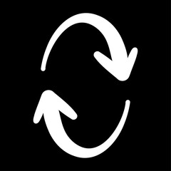 手描きのスムーズな白いペンのくるくる矢印。回転。サイクル。再生。リピート。抑揚のあるダイナミックなシルエット。ベクター。背景透過。