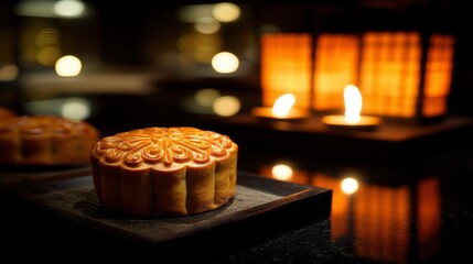 Fototapeta premium A glowing golden mooncake with intricate floral patterns, placed on a dark lacquered tray with soft candlelight.