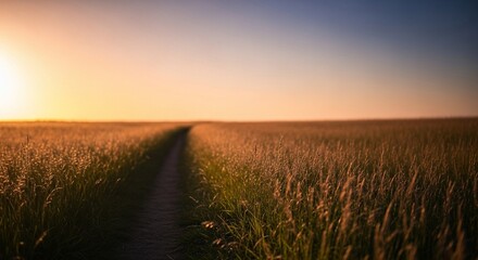 Fototapeta premium Path through golden grass field at sunset landscape