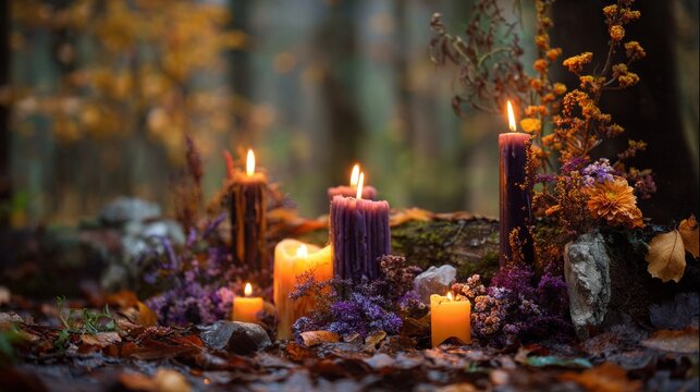 Burning magic candles in forest for witch ritual or celebrating pagan holiday. Mysterious fairy scene. Samhain sabbat, Mabon, Halloween, All hallows eve. Witchcraft, esoteric spiritual practice