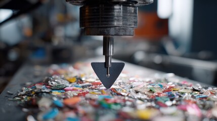 Close look at a guitar pick emerging from the 3D printer nozzle surrounded by softly blurred recycled plastic waste and workshop equipment.