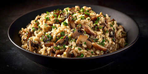 Risotto al Funghi or mushroom risotto in dish on dark background