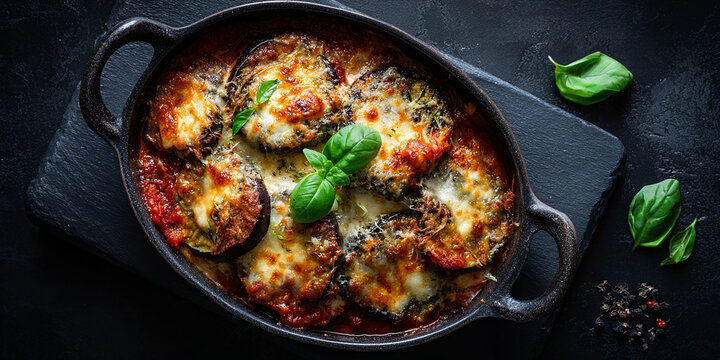 Parmigiana di Melanzane or eggplant parmesan in dish on dark background