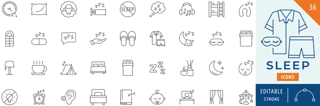 Sleep icon collection set. Editable stroke.