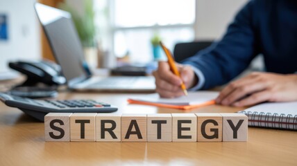 Businessman writing strategy plan at office desk.