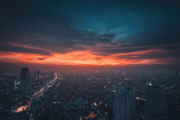 Fototapeta premium Cityscape at sunset. Fiery orange clouds above a sprawling metropolis