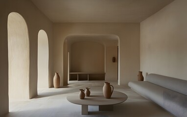 Minimalist Beige Interior Design with Archways and Pottery