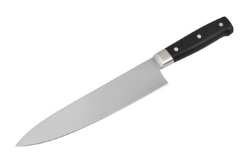 Sharp stainless steel chef knife with black handle, ready for culinary tasks